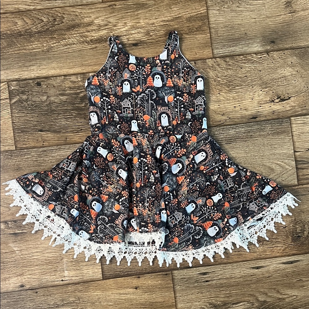 Halloween Ghost Print Peplum with Lace Trim